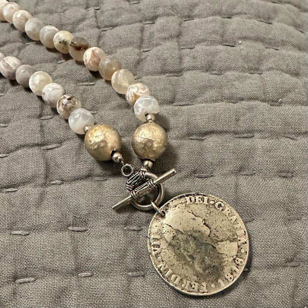1810 Ferdin VII Silver Coin 1810 Mexico Natural Sea Stone Beaded Necklace